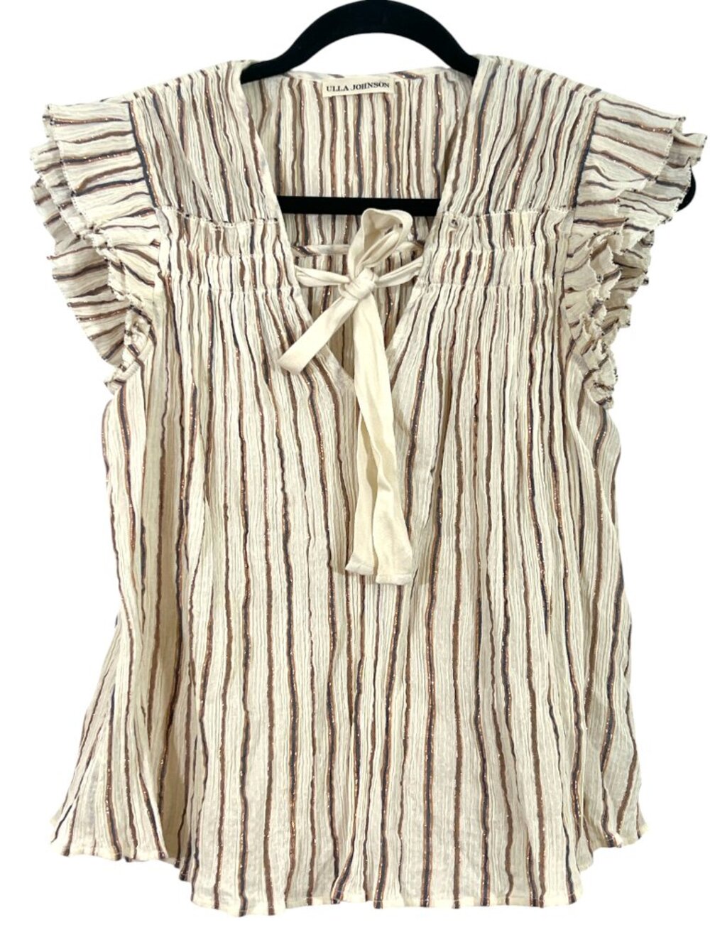 Ulla Johnson Bria Stripe Ruffle Sleeve Blouse Ivory Size 2 Pre-Loved